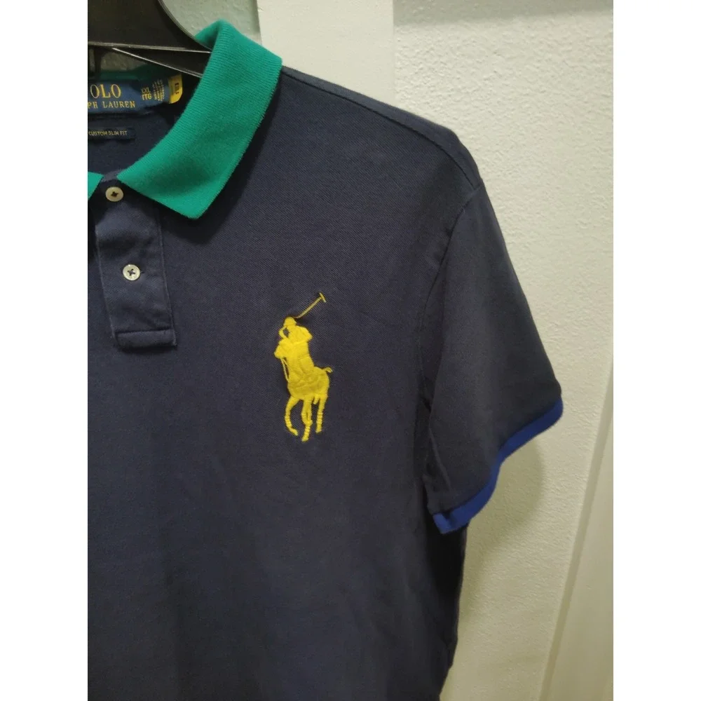 Ralph Lauren Polo Rugby Shirt Mens XL Tall Navy Custom Fit Crest Gold Big Pony